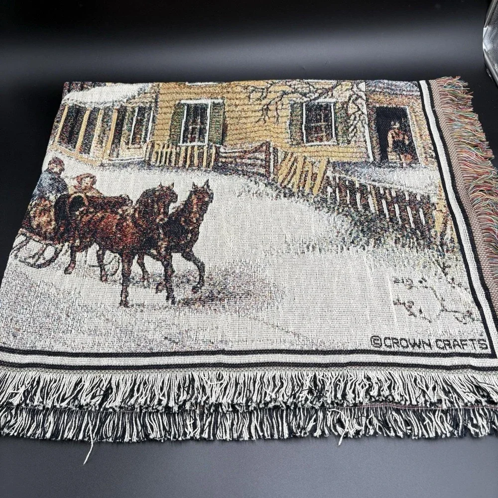 VTG Crown Crafts Horse Carriage Cottage Home Tapestry Woven Throw Blanket 46x54